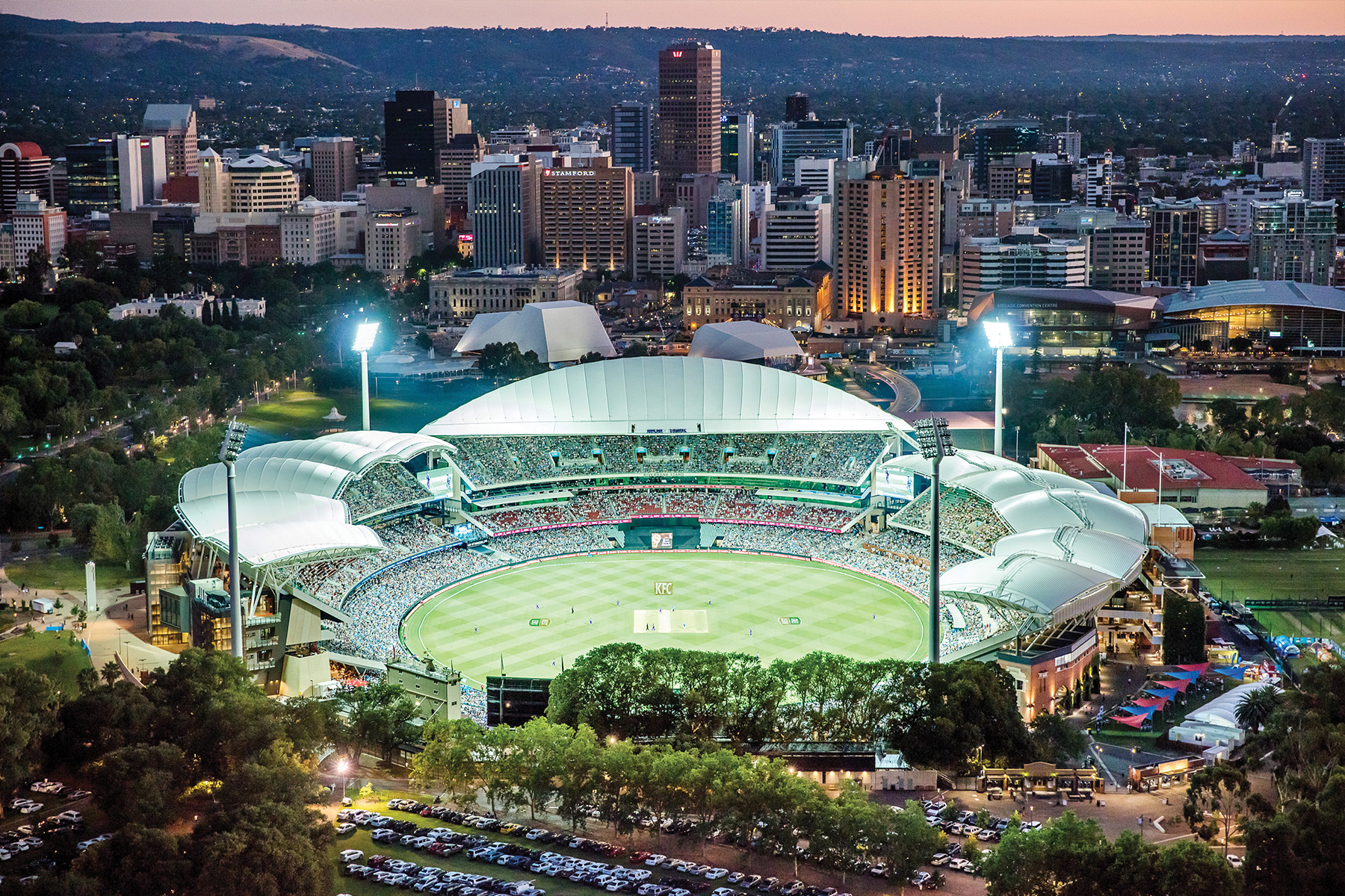 a drone shot of the Adelaide Oval